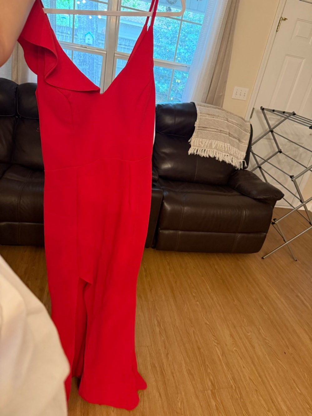 Xscape Red One-Shoulder Ruffle Jumpsuit
